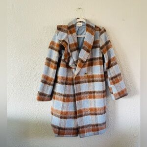 Anthropologie Blue and Brown Plaid Coat